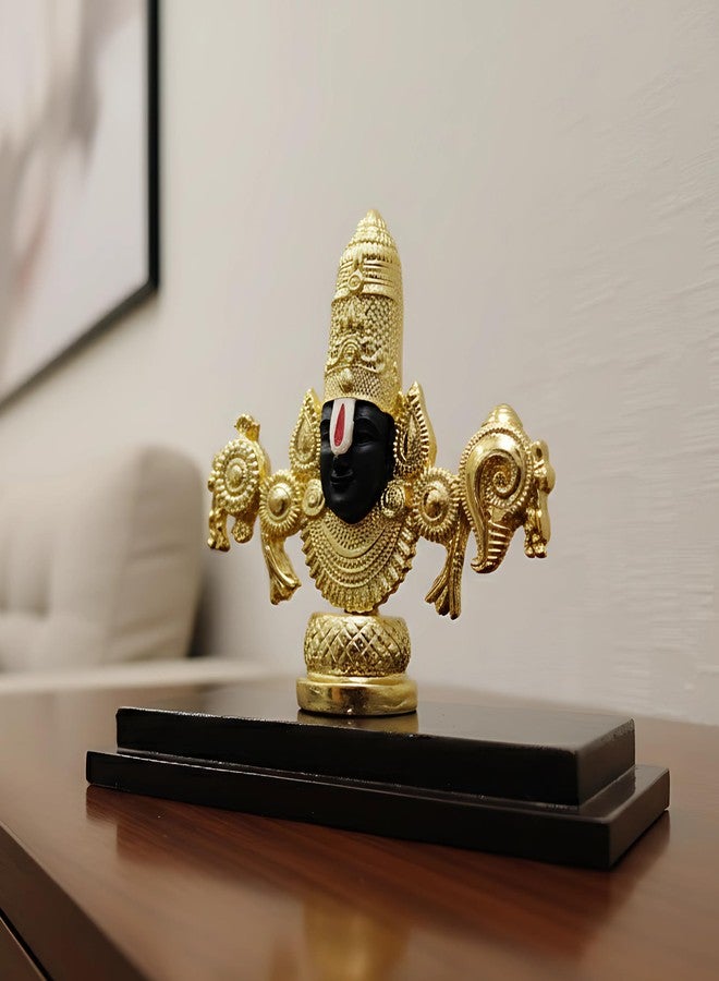 Dev Aastha 24K Gold Plated Lord Venkateswara Swamy Idol | Auspicious Tirupati Balaji Murti for Home Temple Decor | Sacred Pooja Room Statue with Wooden Base & Black Face | Spiritual Showpiece. - Image 1